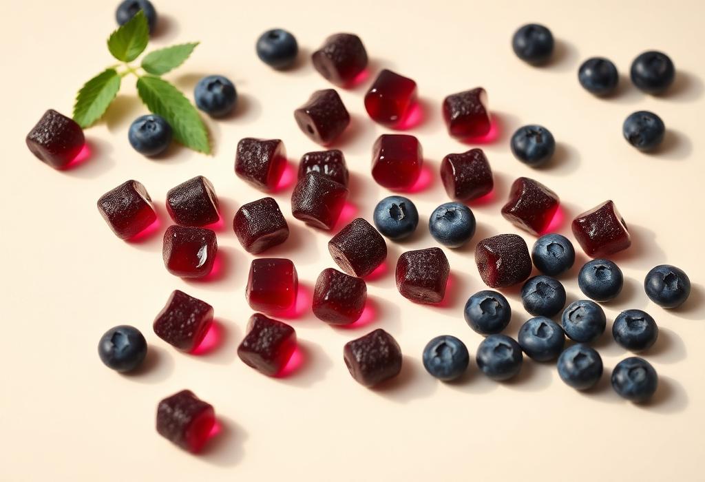 Dark berry Nurospark gummies with fresh berries showing the Brainberry base